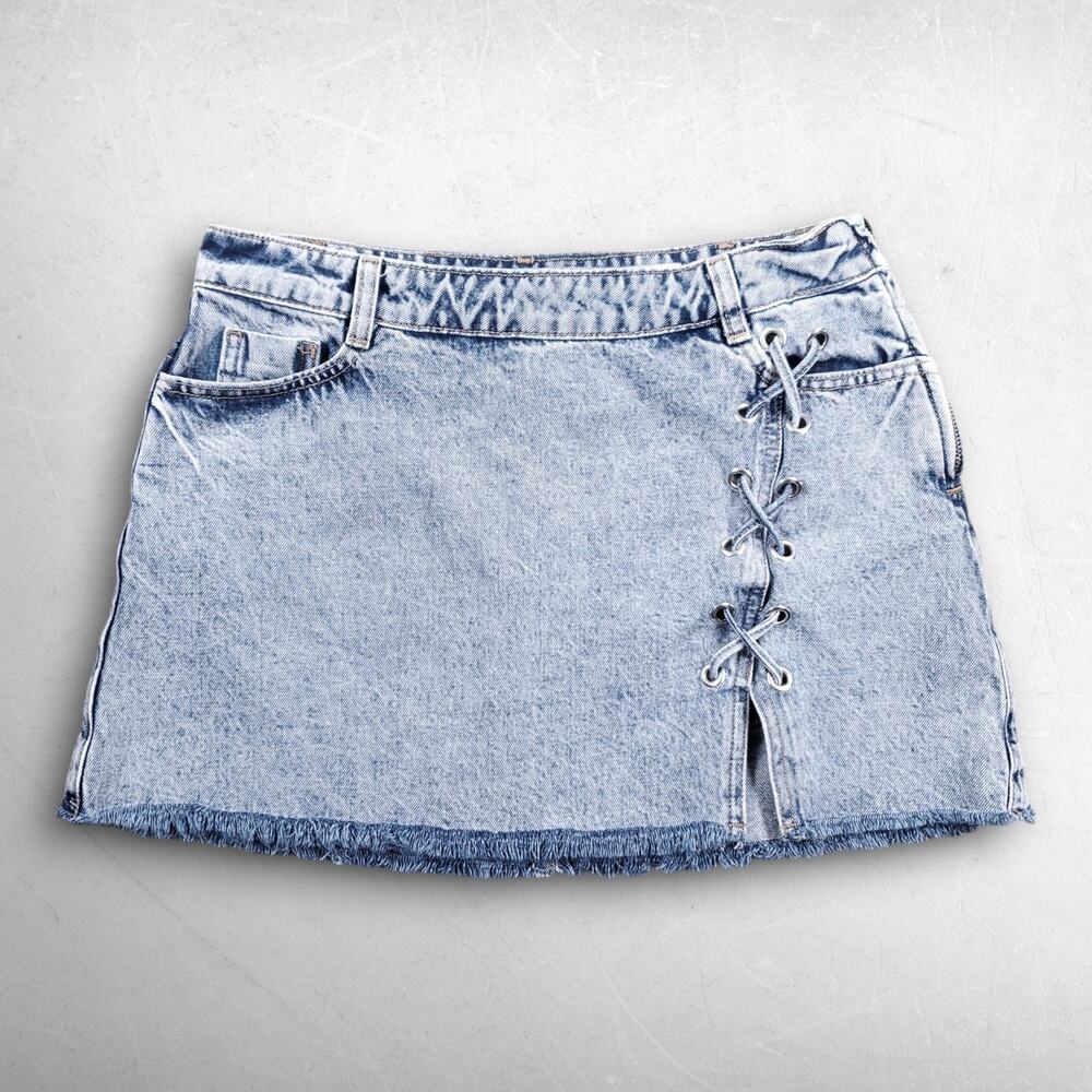 Zara Denim Micro Mini Skirt Women S Lt Blue Asymmetric Lace Up Front Slit Grunge